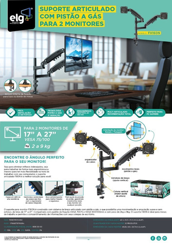 Imagem 4 de 5 de Suporte De Mesa 2 Monitor / Tv Até 27pol / 9kg ELG Fh160n