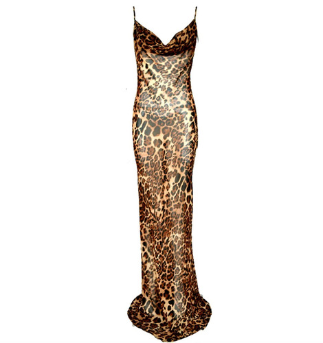 Vestido Sexy Cuello En V Spaghetti Maxi De Gasa Animal Print