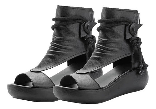Sandalias Moda Dama Romanas Negro Zapatos Plataforma De Cuñ