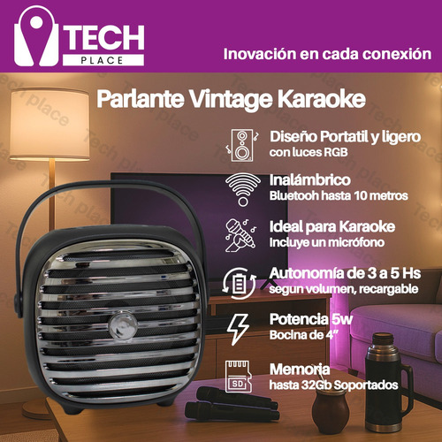 Parlante Vintage Bluetooth Karaoke Con Radio Y Micrófono Led