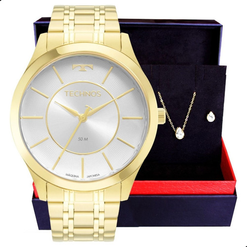 Relógio Technos Feminino Dourado Original + Colar E Brincos