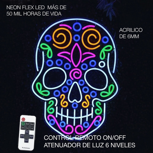 Letrero Neón Día De Muertos Calavera Azúcar C/atenuador