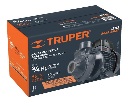 Imagen 2 de 2 de Bomba periférica Truper BOAP-3/4A2 560W color gris 60Hz 127V