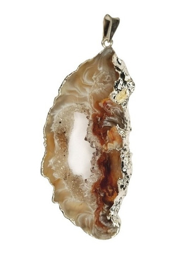 Pingente Pedra Geodo De Ágata 5,5cm Folheado A Prata M02