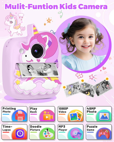 Cámara Yingoot Kids Instant Print De 48 Mp Y 1080p Con Funda
