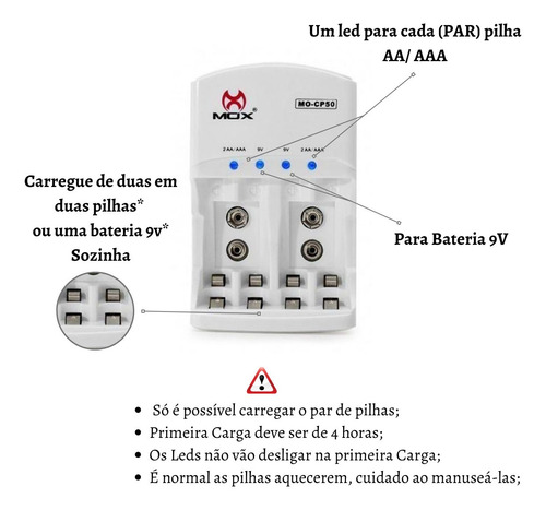 Imagem 3 de 6 de Kit Carregador + 2 Pilhas Aaa + 2 Pilhas Aa Recarregável