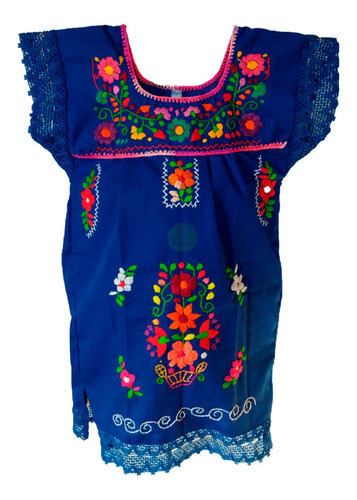 Vestido Típico Mexicano Bordado A Mano Con Encaje Para Niña