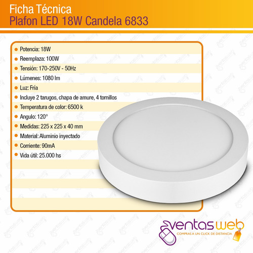 Imagen 6 de 7 de Plafon Led 18w Candela Base Redondo Aplicar Luz Fria X4 Unid