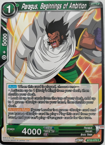 Dragon Ball Super Tcg Paragus, Beginnings Of Amb  Bt22-076 C