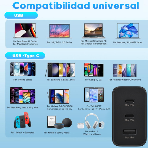 Gytuiv 2pcs 3boca Cargador Tipo C+2pcs 1m Para Cable De Carga Samsung 65w Carga Rápida Para Samsung A55 Para Galaxy S24 Ultra/s24+/s24+/s23 Ultra/s23+/s22 Ultra/s22 A55/a54/a53/a52/a35/a34/a33 Negro