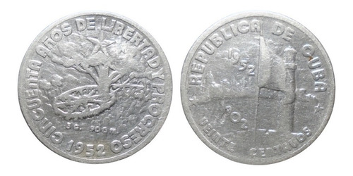 Cuba 20 Centavos 1952 Plata Ley 0.900 Conm. 50 Aniv. Cuba (Usado)