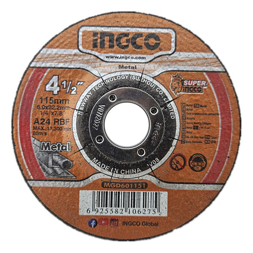 Disco De Desbaste Para Metal 115mm Ingco Mgd601151