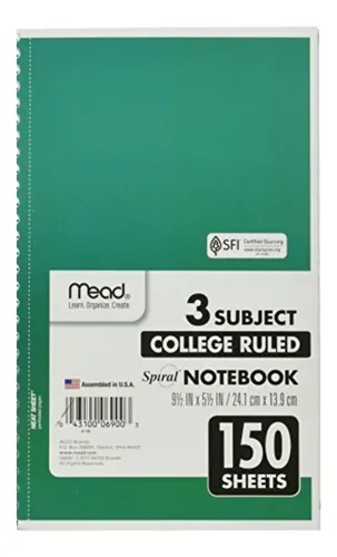 Mead Spiral Notebook, 3 Subject, College Ruled Paper, 150 | Meses sin ...