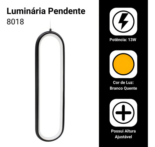 Luminária Pendente Teto Lustre Slim Led Anel Oval Preto 8018