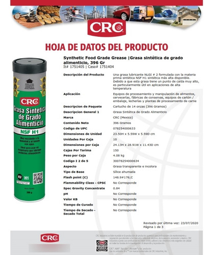 Grasa Sintética Grado Alimenticio Crc Sl35610 Caja/3 Piezas