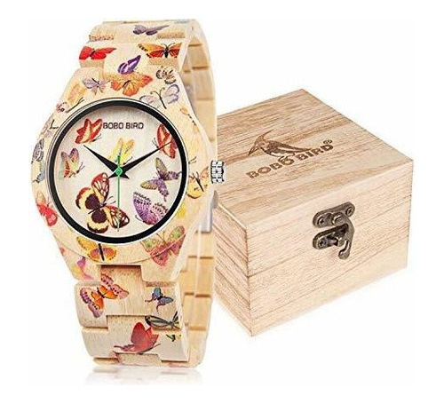 Bobo Pajaro Mujer Reloj De Bambu Grabado Mariposa Hechos A M