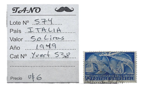 Lote574 Italia 50 Liras Año 1949 Yvert# 538