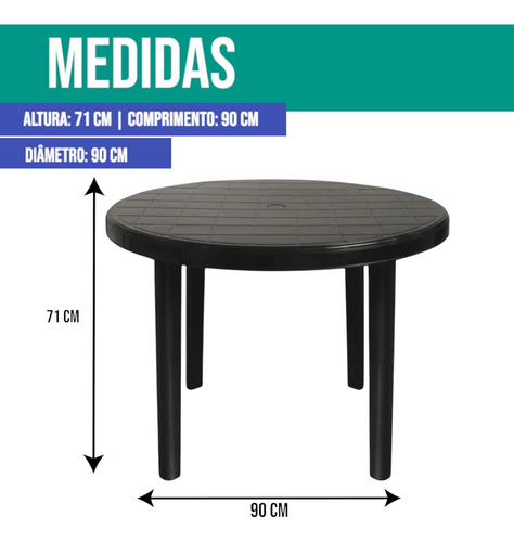 Kit 3 Mesas Plástica Redonda Desmontavel 90cm Preta