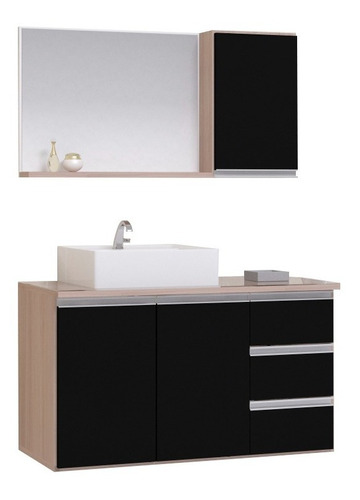 Conjunto Gabinete Banheiro Prisma 80cm Com Tampo Vidro Cor do móvel Madeirado/Preto