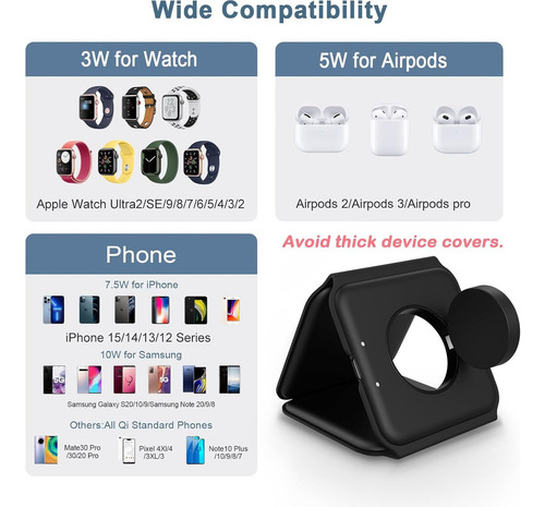 Carregador Sem Fio 3 Em 1 Dobrável Para Dispositivos Cor Preto