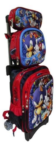 Mochila Sonic Lonchera Y Lapicera Con Ruedas O Llantas. Primaria Azul Oscuro Liso