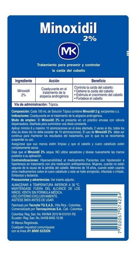 Imagen 3 de 4 de Minoxidil Mk Solución Tópica 2% Frasco X 60 Ml