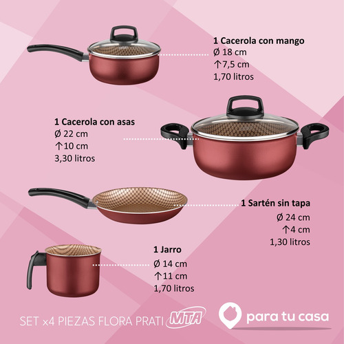 Batería Cocina Olla Cacerola 4 Piezas Teflón Flora Mta