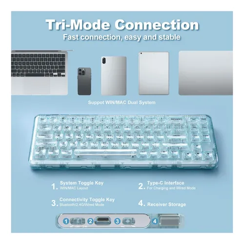 Teclado Mecanico Yunzii X71 Crystal Switch Inalambrico Rgb