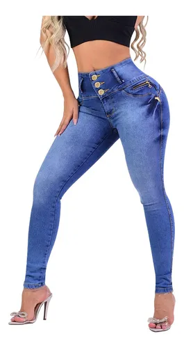 Calça Jeans Feminina Cós Alto Elastico 6 Botões Jeans Premium Modeladora