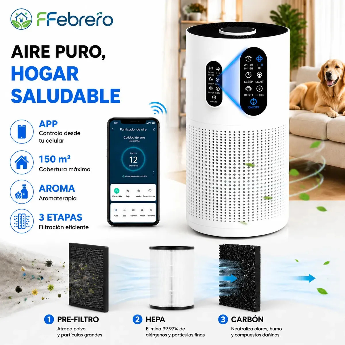 Purificador de Aire FFebrero M03N HEPA H13 con Aromaterapia y Wi-Fi para 150 m²