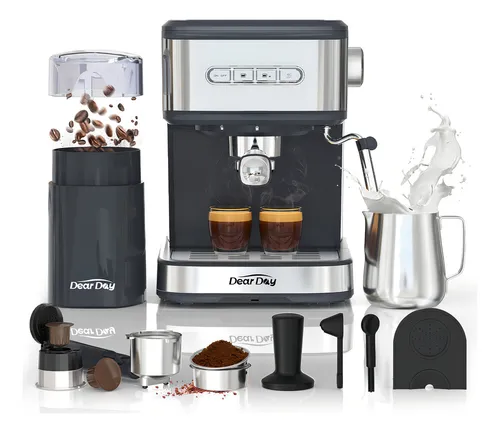 Dear Day Cafetera con Molino de Café Independiente, Mango para Cápsulas y Mango para Café Molido, Prensa de Café, Jarra de Espuma, Tapete para Prensado, Cuchara Dosificadora y Cepillo de Limpieza
