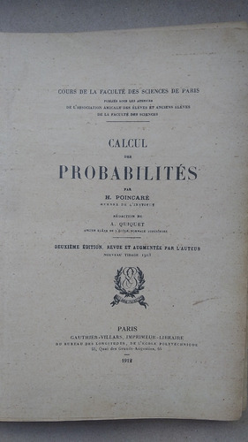 Calcul Des Probabilites - H. Poincare - Ed Gauthier-villars