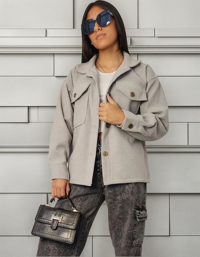 Saco Oversize Mujer Paño Bolsillos Camisa Tapado Urbano