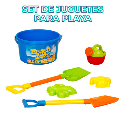 Set Juguetes Playa Arena Cubeta Regadera Pala Rastrillo 5pzs