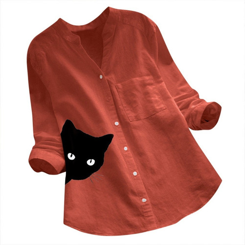 Camisa Manga Larga Mujer Algodón Lino Gato Estampado Blusa 7