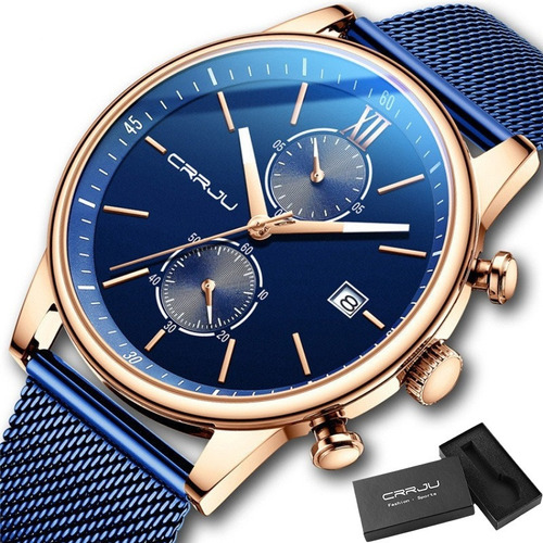 Reloj Crrju con correa de malla, cronógrafo, calendario de negocios, color de fondo azul