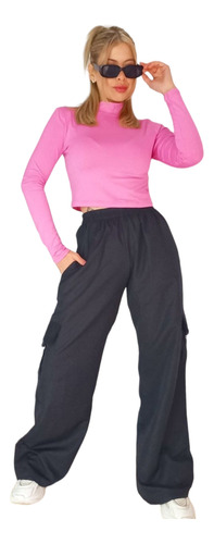 Pantalon Wide Leg Cargo Tiro Alto Moda