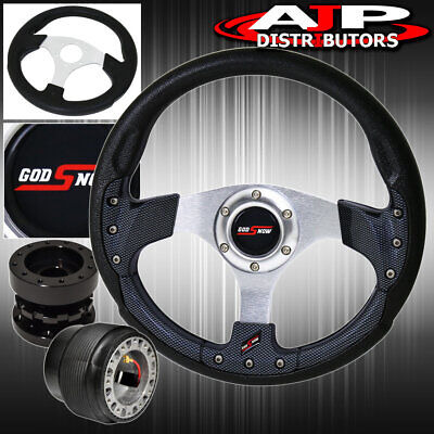 For 86-98 Rx7 Black Carbon Fiber Silver Steering Wheel + Yyo