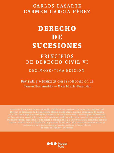 Derecho De Sucesiones, De Carlos Lasarte Alvarez, Carmen Garcia Perez. Editorial Marcial Pons Ediciones Juridicas Y Sociales, S.a., Tapa Dura En Español