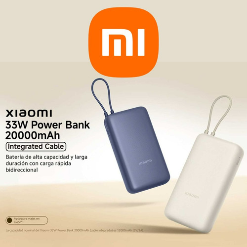 Cargador Portatil Mi Power Bank Xiaomi 33w 20000mah Nuevo Original Carga Rápida Compacto Con Cable Integrado Color Beige