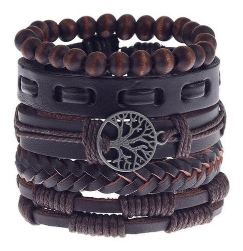 Conjunto Pulsera Hombre Cuero 5 En 1 Arbol Vida Negro