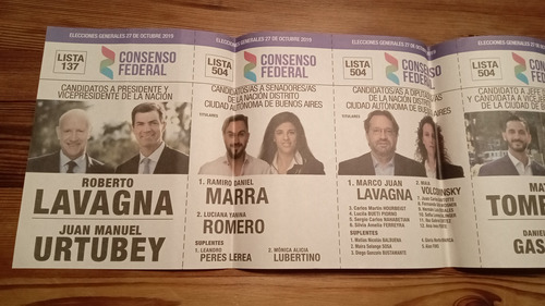 Boleta Electoral 2019 Lavagna Urtubey Marra 27/10 Consenso F (Usado)