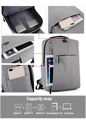 Imagen 8 de 10 de Mochila Resistente Anti Robo Impermeable Puerto Usb