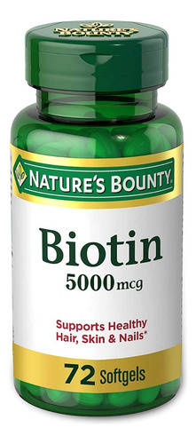 Nature's Bounty, Biotina, 5,000 mcg, 72 cápsulas blandas de liberación rápida, Apoya la salud del cabello, la piel y las uñas, Soporte de energía celular