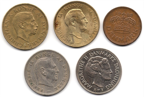 Dinamarca 50 Ore Y 1 Krone Grupo De 5 Monedas 1947 A 1989