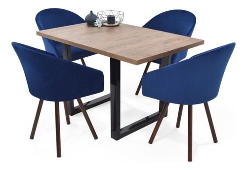 Set Comedor Marsella 4 Puestos + Sillas Tokyo En Tela Diseño De La Tela De Las Sillas Azul