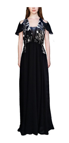 Vestido Fiesta Largo Negro Gasa Saten Fiesta