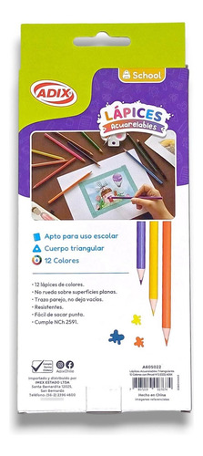 Lápices Acuarelables 12 Colores + Pincel Adix, Triangulares