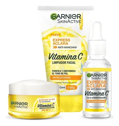 comprar Garnier express aclara vitamina c kit serum antimanchas crema hidratante y gel limpiador facial