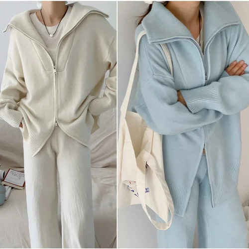 Conjunto De Suéter De Punto Con Cárdigan Y Pantalones Con Cr